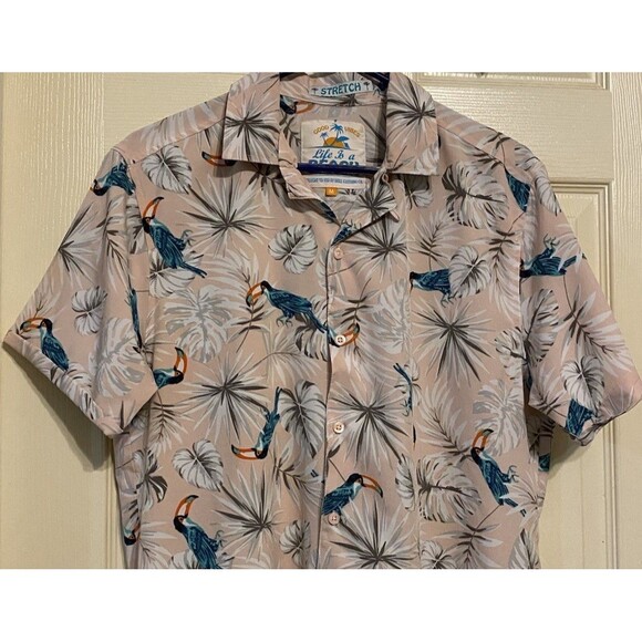 Good Vibes Life Is A Beach 80s Pastel Pink Bird Hawaiian Mens Shirt Med Resort - Picture 4 of 12